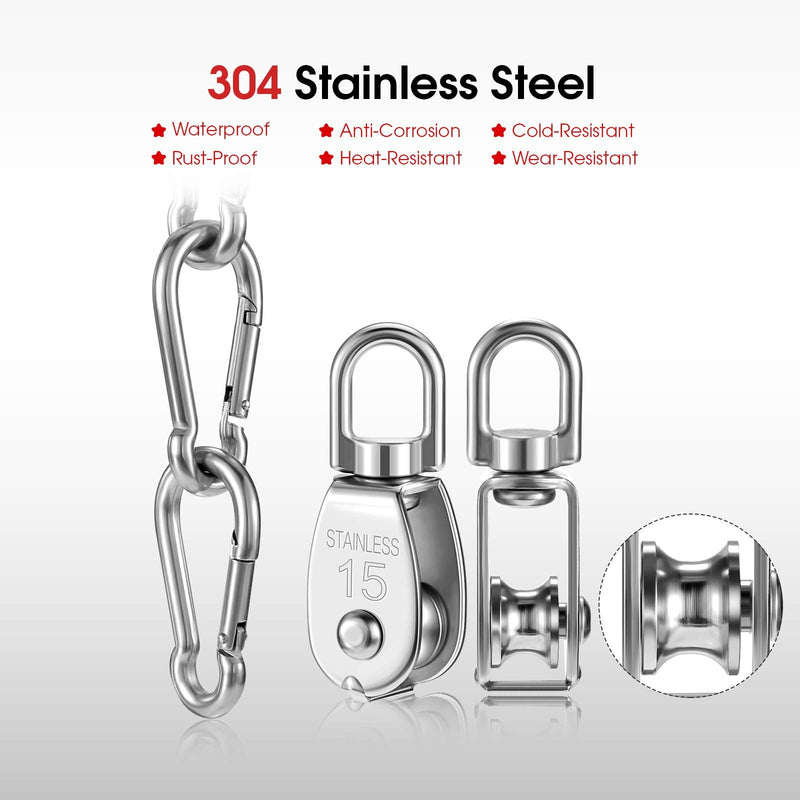  [AUSTRALIA] - 19 Pieces M15 Single Pulley Block Set 6 Pieces 304-Stainless Steel Wire Rope Single Roller for Lifting Crane, 6 Spring Snap Hooks, 6 Aluminum Crimping Loop Sleeves and 30 Meter Nylon Pulley Line Rope