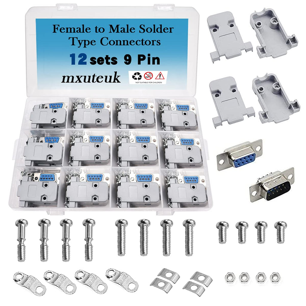  [AUSTRALIA] - mxuteuk 24Pack (12Pairs) DB9 9 Pin Solder Type Connectors Kit,Female to Male (12 Male + 12 Female) and 24Set Gray Plastic Hoods Complete Set of Crimp Connector Assortment Kit MX-DB9