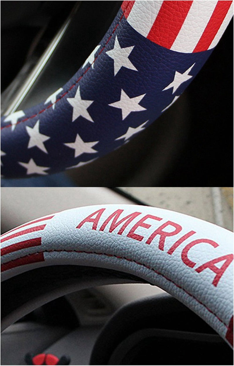  [AUSTRALIA] - Dotesy Leather Steering Wheel Cover, Fashion USA American Flag Style Steering Wheel Cover Protector Universal for 36.5-38cm (American Flag)
