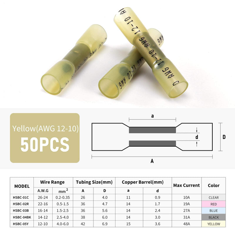  [AUSTRALIA] - Heat Shrink Butt Connectors, 50Pcs 12-10 AWG Yellow Insulated Waterproof Electrical Wire Connectors Automotive Marine Grade Wire Crimp Terminals Butt Splices, Ideal for Boat, Truck, Stereo - Yellow [12-10 AWG] x 50