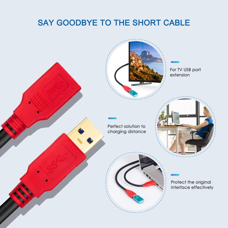  [AUSTRALIA] - Shorft USB 3.0 Extension Cable 1 ft, Hftywy USB Male to Female Extension Cord 5Gbps Data Transfer for Mouse,Flash Drive, Hard Drive, Playstation, Xbox, Oculus VR, Card Reader, Printer Red 1ft