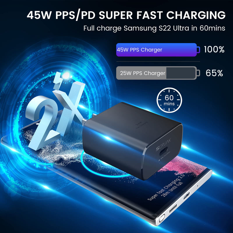  [AUSTRALIA] - S22 Ultra Charger Type C Kit, SCRUAK 45W PPS Super Fast USB-C Wall/Car Charger for Samsung Galaxy S22 Ultra/S22+/S22/S21/S20/Note 20/Note 10+, Tab S8/S8+, Z Fold 4…(with 2X 3.3FT 5A Type C Cable)