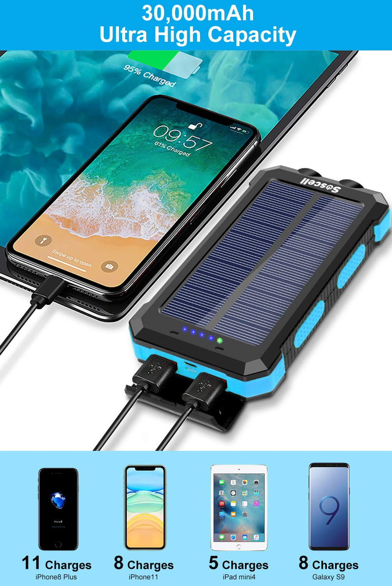 Solar Power Bank 30000mAh, Suscell Portable Solar Phone Charger with 2 Output Ports, Flashlight, IPX4 Splashproof and Shockproof for Outdoor Activities, Compatible with Smartphones and Other Devices Blue-30,000mAh - LeoForward Australia