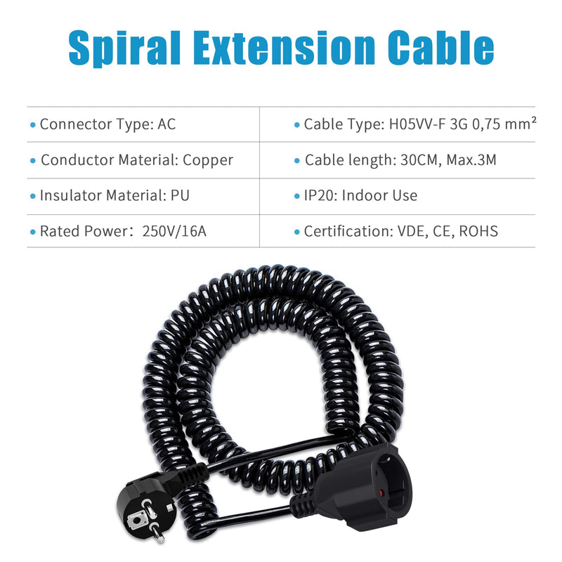  [AUSTRALIA] - Schuko extension cable, protective contact spiral cable stretchable from 0.6m to 2 m Max, IP20 extension cable (230V/16 A), spiral cable 3 x 1.0 mm² with Schuko plug & coupling, black 2M 2M-Black