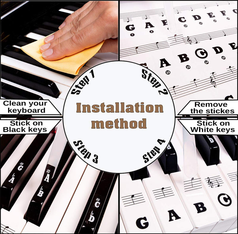 BASTON Piano Keyboard Stickers for Beginners 88/76/61/54/49/37 Keys - Removable, Transparent, Double Layer Coating Piano Stickers - Perfect for Kids, Big Letters, Easy to Install with Cleaning Cloth 88 Keys All Black Bold Letters - LeoForward Australia