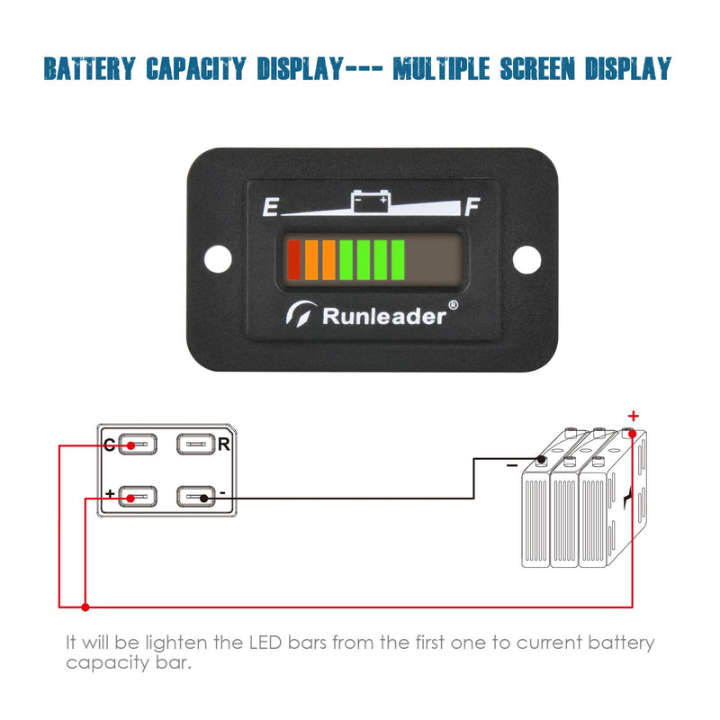 Runleader 12V 24V 36V 48V LED Battery Indicator, Battery Capacity Meter,Monitor of Battery Charge &Discharge for Golf Cart Electric Vehicle Star Car Stacking Machine Alternator. (12/24V) 12/24V - LeoForward Australia