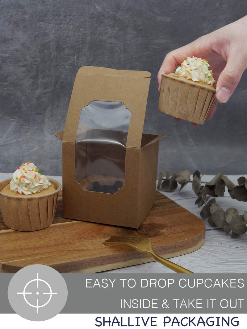  [AUSTRALIA] - SHALLIVE Kraft Paper Cupcake Boxes Individual 15 Pack with Window and Sturdy Insert, 3.4" x 3.4" x 3.4" Pre-Assembled for Easy Assembly Brown