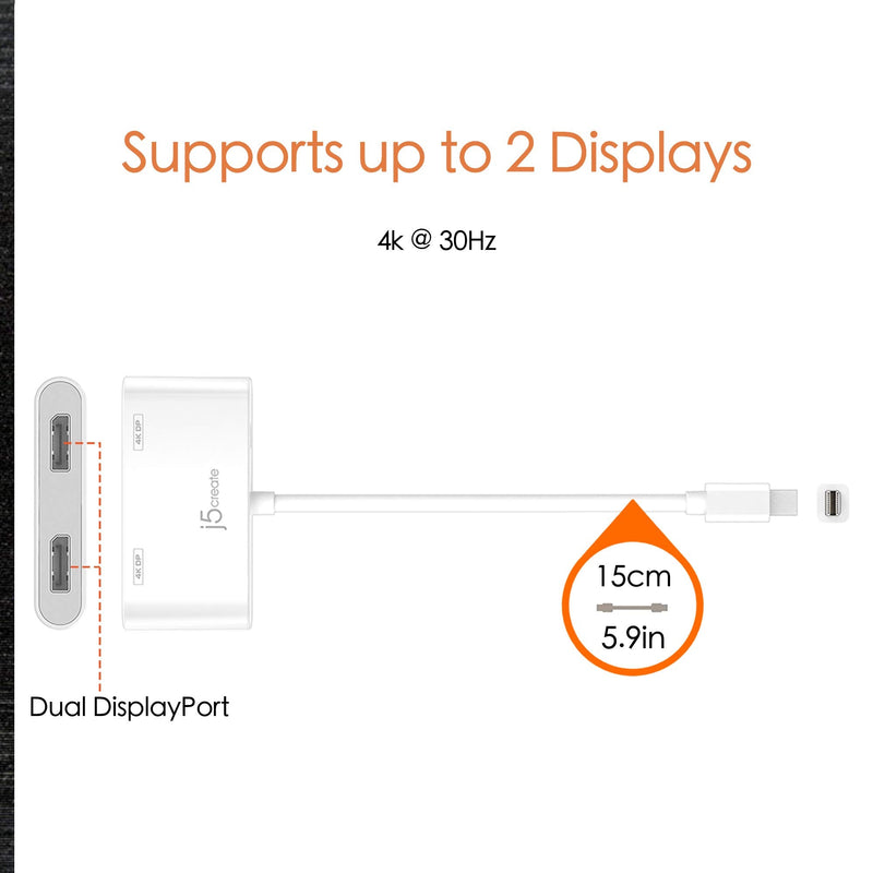  [AUSTRALIA] - j5create Mini DisplayPort to Dual DisplayPort Adapter Mini-DisplayPort (20 Pin) Male | Dual Female DisplayPort (20 Pin) | Compatible with Windows Devices