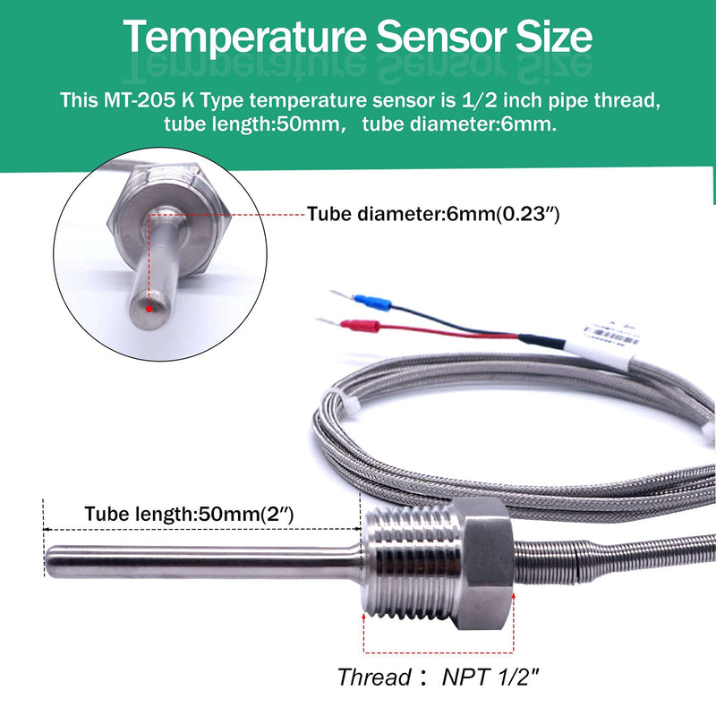  [AUSTRALIA] - Twidec/2M NPT 1/2"inch (6X50MM) Pipe Thread Temperature Sensor Probe Two Wire Temperature Controller (0~600℃) 304 Stainless Steel K Type Thermocouple MT-205-1/2 1/2" 6x50mm