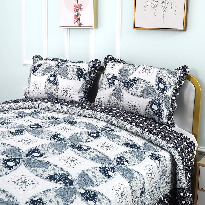  [AUSTRALIA] - Autumn Dream Reversible Patchwork Bedspreads Quilt Set, 3 Pieces Coverlet Set, Leaves Floral Pattern Blue Bedspreads and Comforters, Twin Size Blue Leaves Floral Pattern