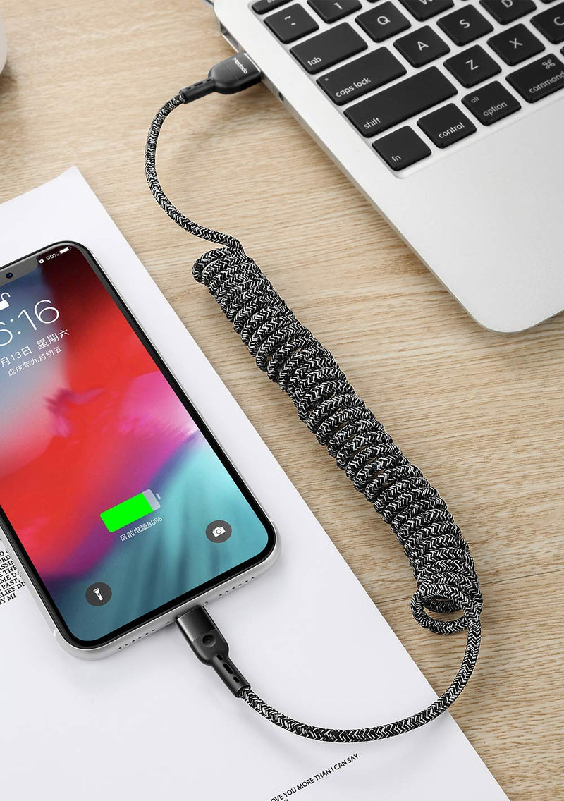  [AUSTRALIA] - mcdodo Anti Winding Cable, LED Coiled Cord Nylon Braided Sync Charge USB Data 6FT/1.8M Cable Compatible New Phone List Below (Black, 6FT/1.8M) Black