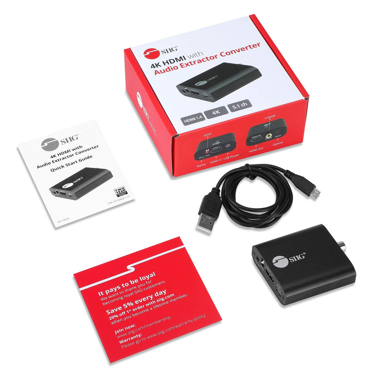  [AUSTRALIA] - SIIG 4K HDMI Audio Extractor, 4K30Hz, HDCP 1.4, Audio Extract to Optical Toslink/Coaxial/ 3.5mm Simultaneously, Supports Digital 5.1/ PCM 2 Channel Audio (CE-H26Q11-S1)