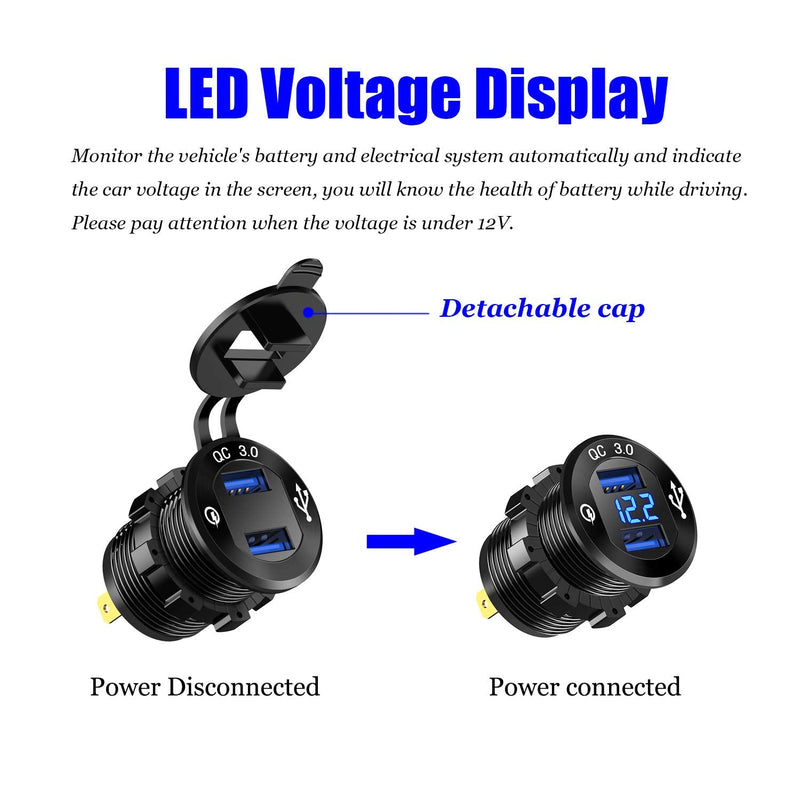  [AUSTRALIA] - YONHAN 12V USB Outlet Quick Charge 3.0 Dual USB Charger Socket, USB Cigarette Lighter Socket with LED Voltmeter, Waterproof Aluminum Car Charger Adapter DIY Kit for Car Marine Truck Golf Cart RV, etc. Blue