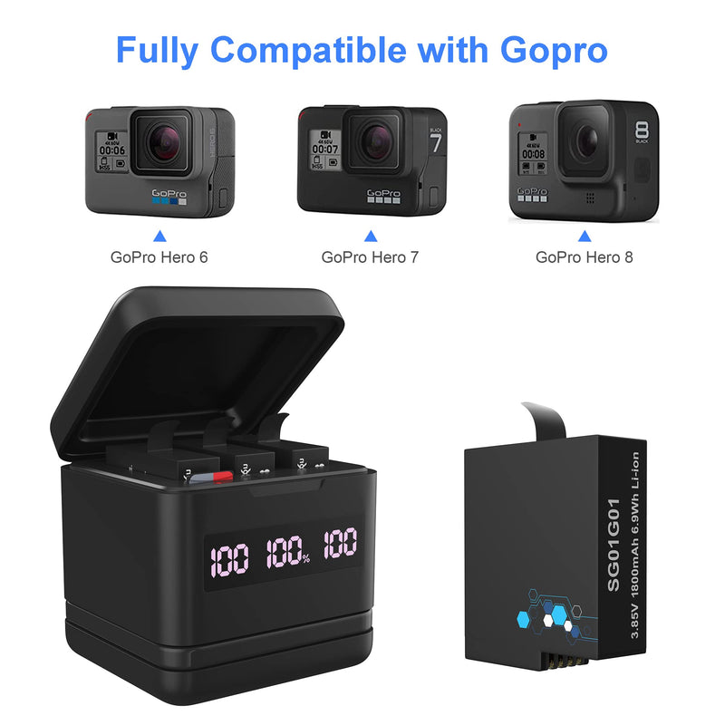  [AUSTRALIA] - 2 Pack 1800mAh Batteries for GoPro Hero 8 Hero 7 Hero 6, 3-Channel Fast Battery Charger Station with Battery Digital LCD Display and Micro SD Card Reader Function 2 Pack Batteries for Hero 6/7/8