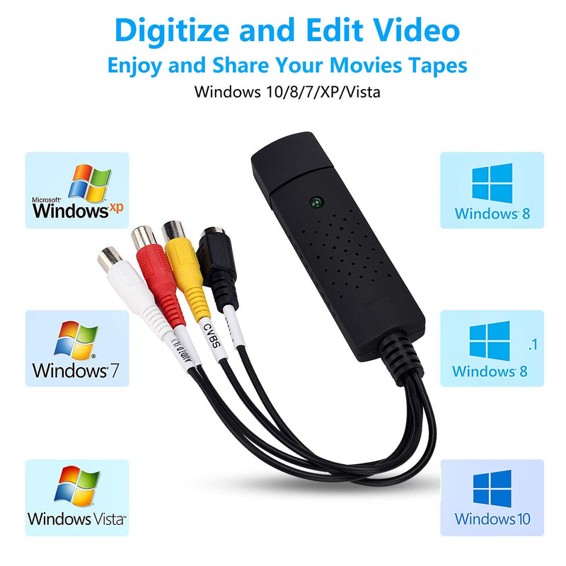  [AUSTRALIA] - USB Audio Video Capture Card, VHS/ VCR/ Hi8 to Digital DVD Grabber Adapter Support Windows 10/8/7/XP