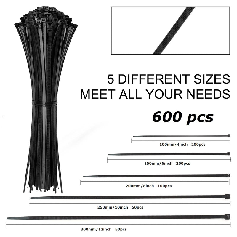  [AUSTRALIA] - Cable Zip Ties,600 Packs Self-Locking Nylon CableTies Assorted Sizes 4+6+8+10+12-Inch,Multi-Purpose Wire Management Ties,Zip Wire Tie Perfect for Home,Garden Trellis,Office,Garage and Workshop(Black) 4+6+8+10+12-Inch(600PCS Set)