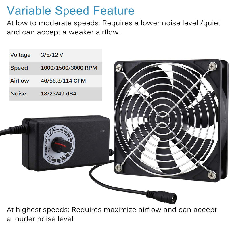  [AUSTRALIA] - GDSTIME 120mm AC 110V 220V DC 12V Powered Fan with Speed Control, for Receiver Amplifier DVR Playstation Xbox Component Cooling 1225 w/ Speed Controller