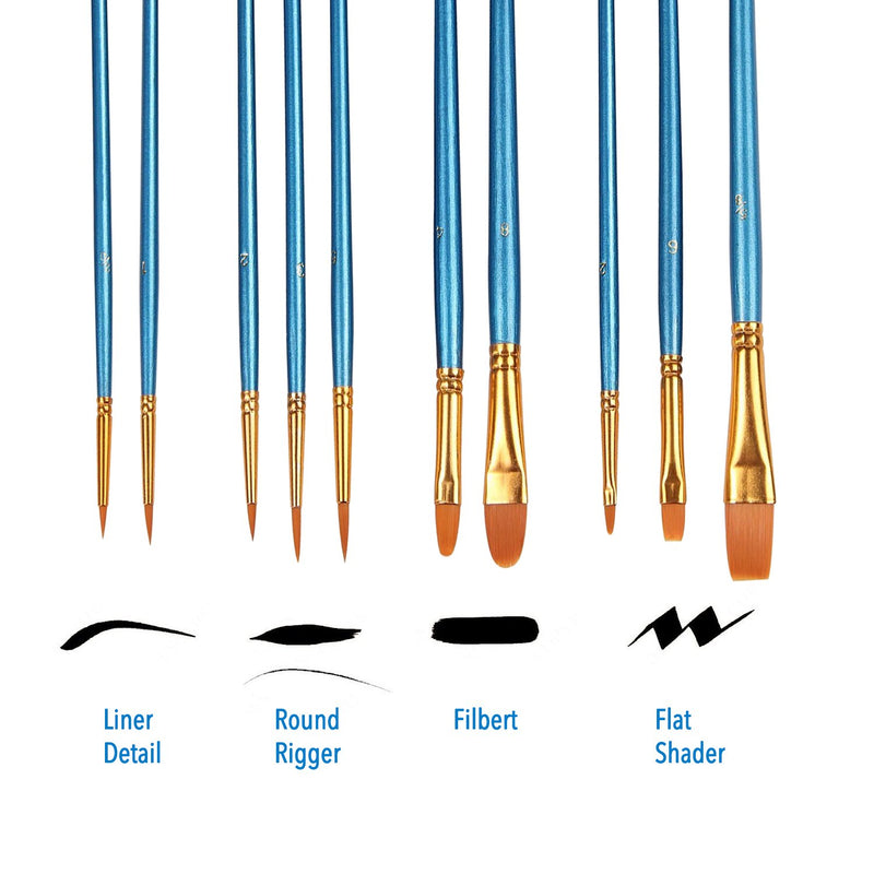 Heartybay 10Pieces Round Pointed Tip Nylon Hair Brush Set, Blue - LeoForward Australia
