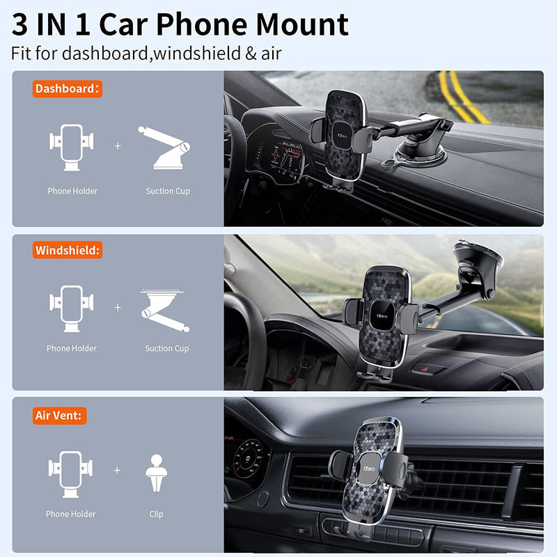  [AUSTRALIA] - 1Zero Phone Mount for Car [Heavy Duty Super Suction] Car Phone Holder Mount for Dashboard Windshield Air Vent [Thick Case & Big Phone Friendly] 3 in 1 Cell Phone Holder for iPhone Samsung All Phones