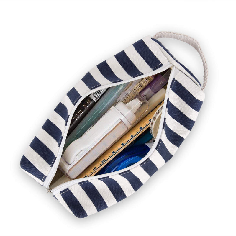 JEMIA Single Compartments Collection 1 Independent Zipper Chambers with Handle Strap Pencil Case (Blue White Stripes, Canvas, Large) 22 x 9 x 6.5 CM Blue & white Stripes - LeoForward Australia