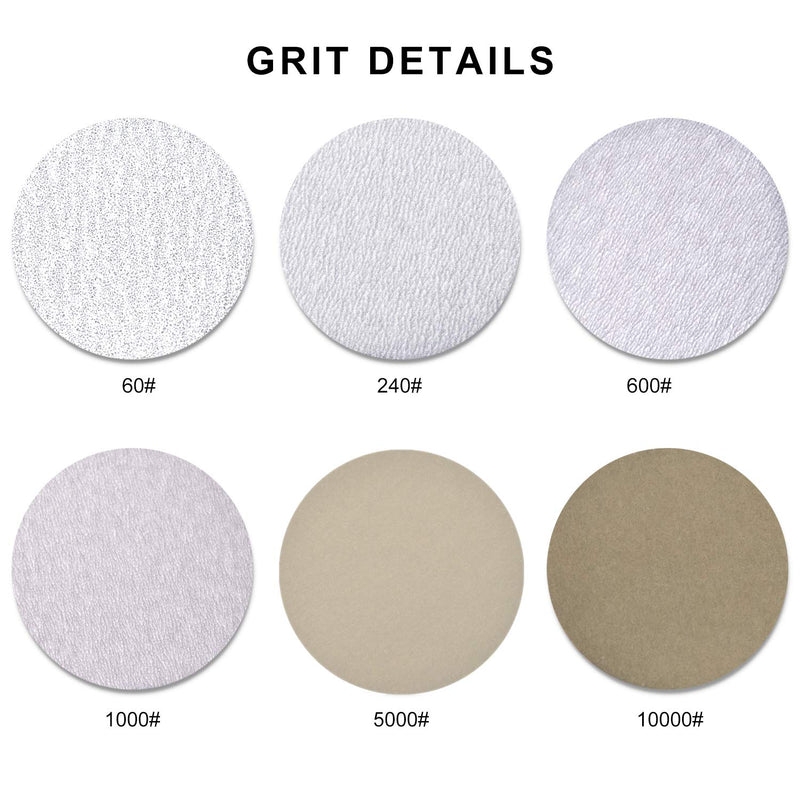  [AUSTRALIA] - 3 inch Multiple Grits Aluminum Oxide Dry & Wet/Dry Hook Loop Sanding Discs a 1/4 inch Shank Backing Pad + Soft Foam Buffering Pad, 5-Pieces Each 60, 240, 600, 1000, 5000 10000 Grits