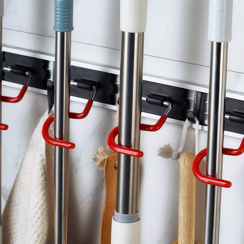  [AUSTRALIA] - QBOSO Wall Mounted Mop and Broom Holder Stainless Steel S Type Broom Rack Anti-Slip Mop Organizer (17 Inches ,4 Positions 3 Hooks , Red black)