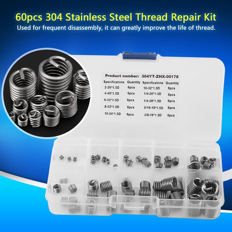  [AUSTRALIA] - 60pcs Thread Insert Kit 304 Stainless Steel Wire Screw Sleeve Thread Repair Insert Assortment Kit