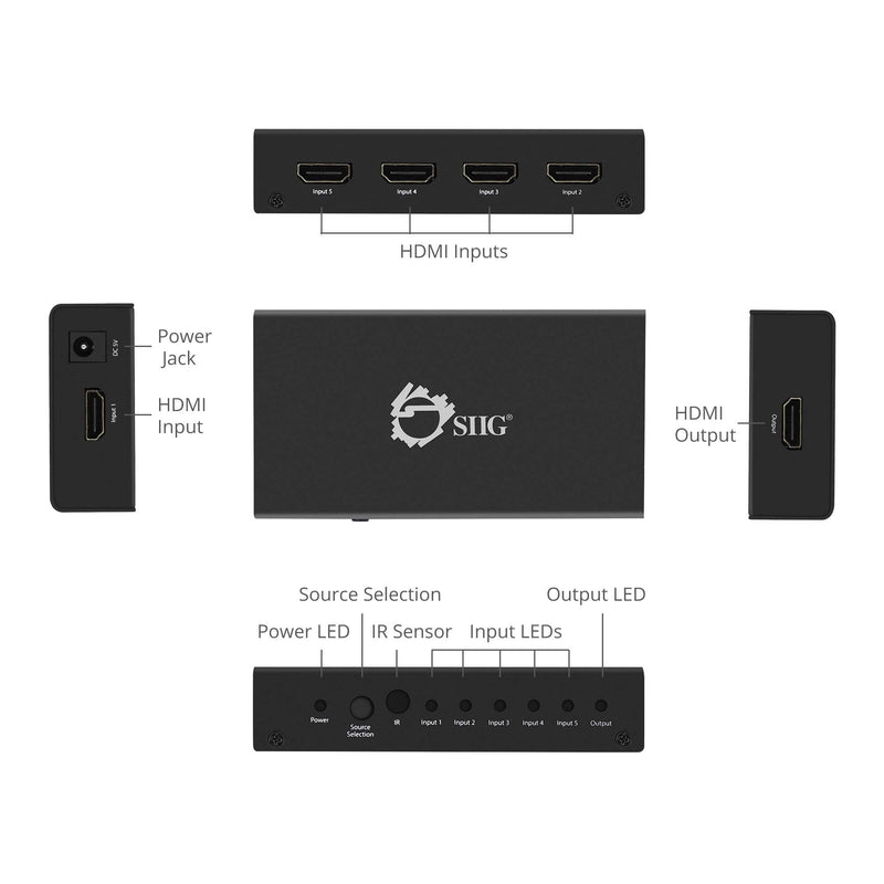  [AUSTRALIA] - SIIG 4K HDMI Switch with Remote Control 4K@30Hz Powered 5 Port HDMI Switch Box, 5 in 1 Out Source HDMI Selector (CE-H23012-S1)