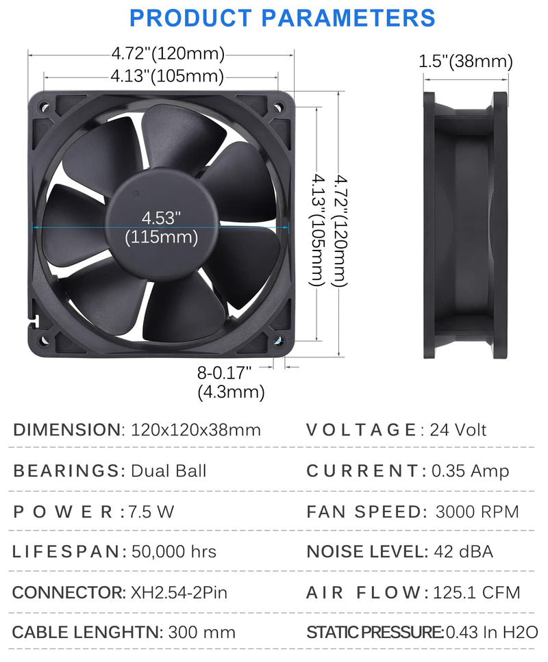  [AUSTRALIA] - GDSTIME Dual Ball Bearings 1238 Cooling Fan, 120mm x 38mm 24V DC 125CFM Brushless Cooler Fan