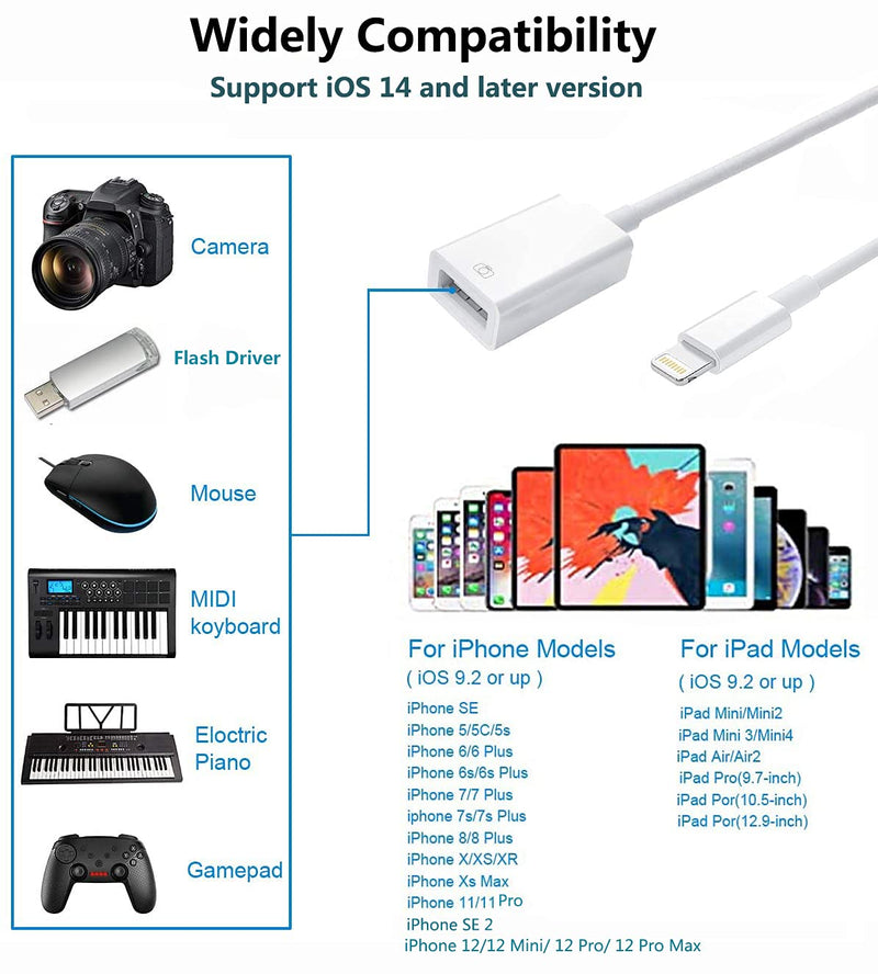  [AUSTRALIA] - Apple Lightning to USB Camera Adapter, USB 3.0 OTG Cable for iPhone/iPad to Connect Card Reader, USB Flash Drive, U Disk, Keyboard, Mouse, Hubs, MIDI, Plug & Play (White) White