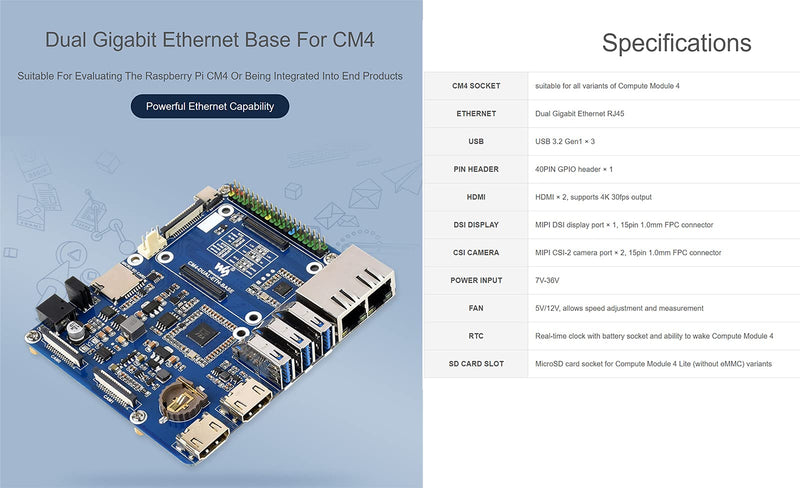  [AUSTRALIA] - Dual Gigabit Ethernet Base Board Designed for Raspberry Pi Compute Module 4 Lite/EMMC Series Module, Include ETH/CSI/DSI/RTC/HDMI/Micro SD/USB Interfaces, Powerful Ethernet Capability CM4-DUAL-ETH-BASE