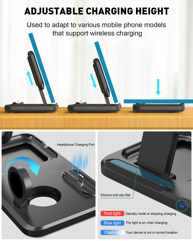  [AUSTRALIA] - 3 in 1 Charging Station for Apple Multiple Devices, Foldable Wireless Charger Portable Travel Charging Dock Charger Stand Compatible with iPhone Airpods Apple Watch with Adapter Black