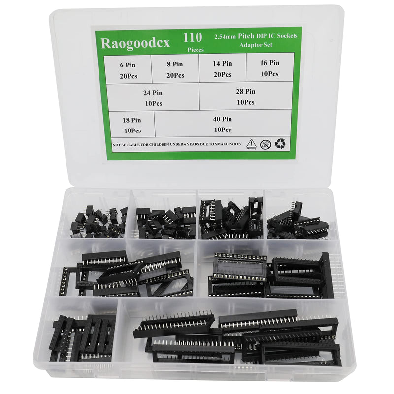  [AUSTRALIA] - Raogoodcx 110pcs Double Row DIP IC Socket 2.54mm Pitch IC Socket Soldering Kit with 6 Pin,8 Pin,14 Pin,16 Pin,18 Pin,24 Pin,28 Pin,40 Pin
