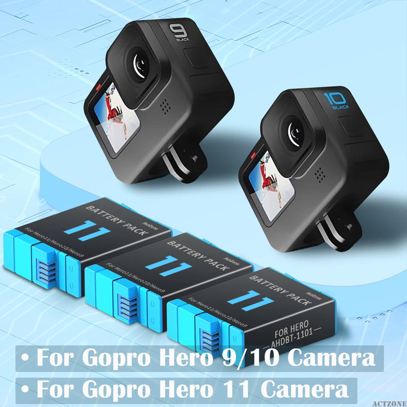  [AUSTRALIA] - 3Pack Hero 11 Batteries for GoPro Hero 11, GoPro Hero 10, GoPro Hero 9 Camera, 3-in-1 Battery Charger for GoPro 11 GoPro 10 GoPro 9 Black Camera ADDBD-001
