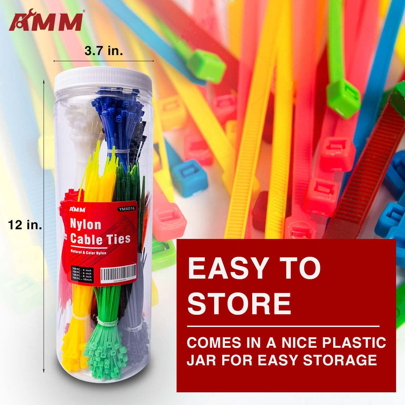  [AUSTRALIA] - AMM Cable Zip Ties（1000 Packs），Lengths include 4", 6", 8" and 10" inches with a plastic storage jar，Self-Locking Nylon Zip Ties for Indoor and Outdoor