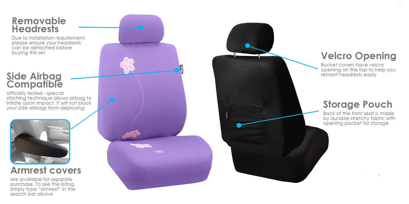 [AUSTRALIA] - FH Group FB053PURPLE102 Seat Cover (Flower Embroidery Airbag Compatible (Set of 2) Purple) Purple Half Set