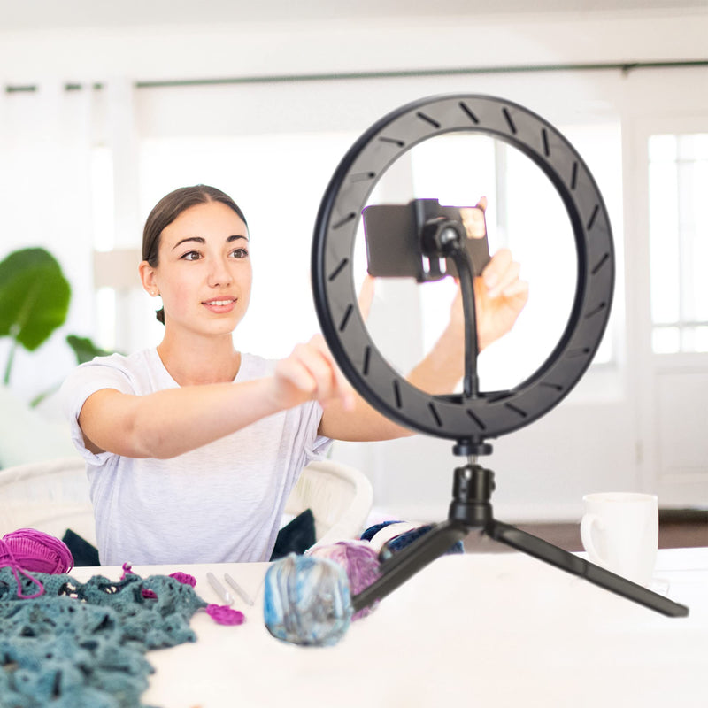  [AUSTRALIA] - Globe Electric 13338 10'' Ring Light with Tripod Stand, LED Integrated Circle Light with Phone Holder for Live Stream/Makeup/YouTube Video/TikTok, Compatible with All Phones, Adjustable Height