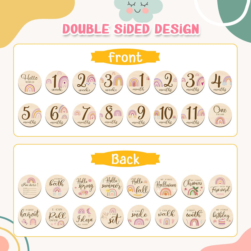  [AUSTRALIA] - 16 Pieces Wooden Baby Monthly Milestone Cards Baby Monthly Milestone Marker Discs Double Sided Monthly Milestone Wooden Circles Baby Months Signs for Baby Shower Newborn Photo Props(Rainbow) Rainbow