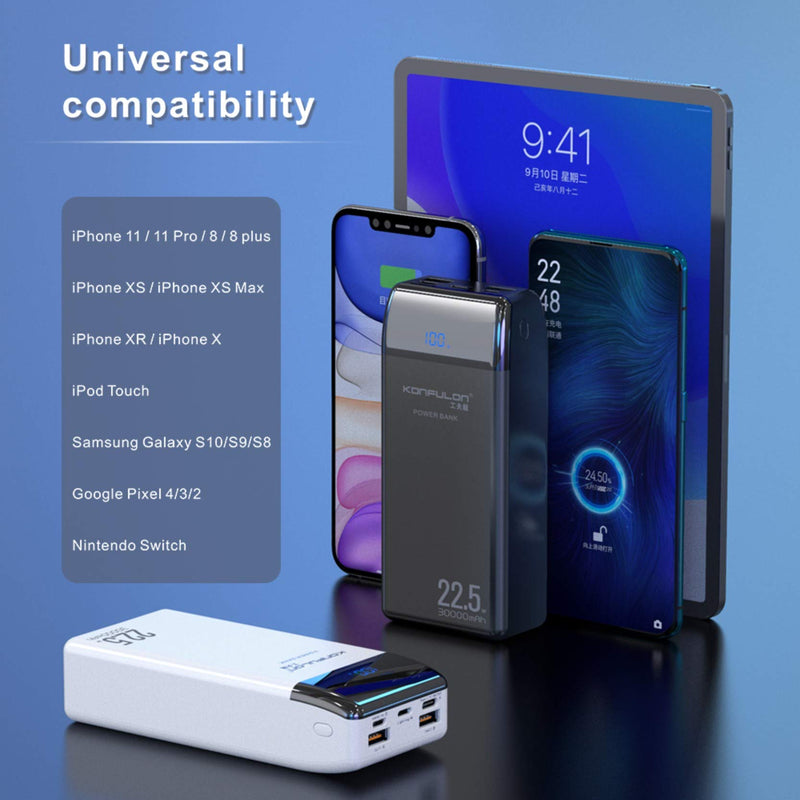 Power Bank 30000mah Portable Charger KONFULON Portable Battery Charger USB-C PD 18W Tri-Input and Tri-Output LCD Display Battery Bank for iPhone MacBook,Nintendo Switch and Pixel White - LeoForward Australia