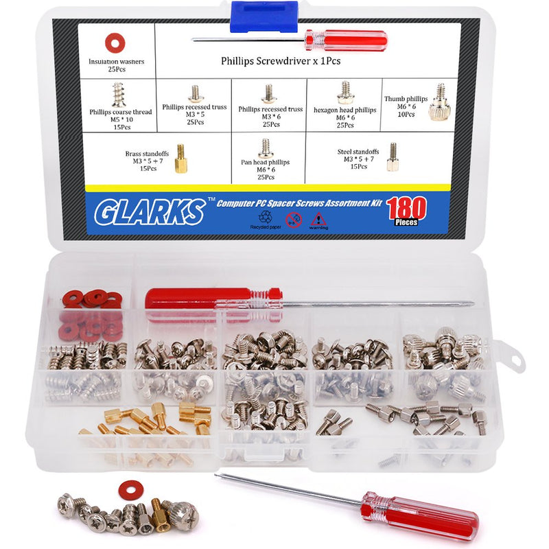  [AUSTRALIA] - Glarks 180-Pieces Phillips Head Computer PC Spacer Screws Assortment Kit for Hard Drive Computer Case Motherboard Fan Power Graphics (Extra: Phillips Screwdriver)