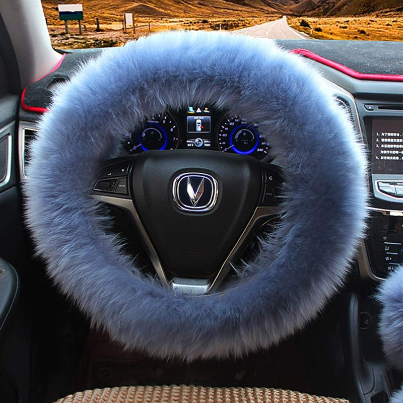  [AUSTRALIA] - Ogrmar Winter Warm Faux Wool Steering Wheel Cover with Handbrake Cover & Gear Shift Cover for 14.96" X 14.96" Steeling Wheel in Diameter 1 Set 3 Pcs (Grey-Blue) Grey-blue