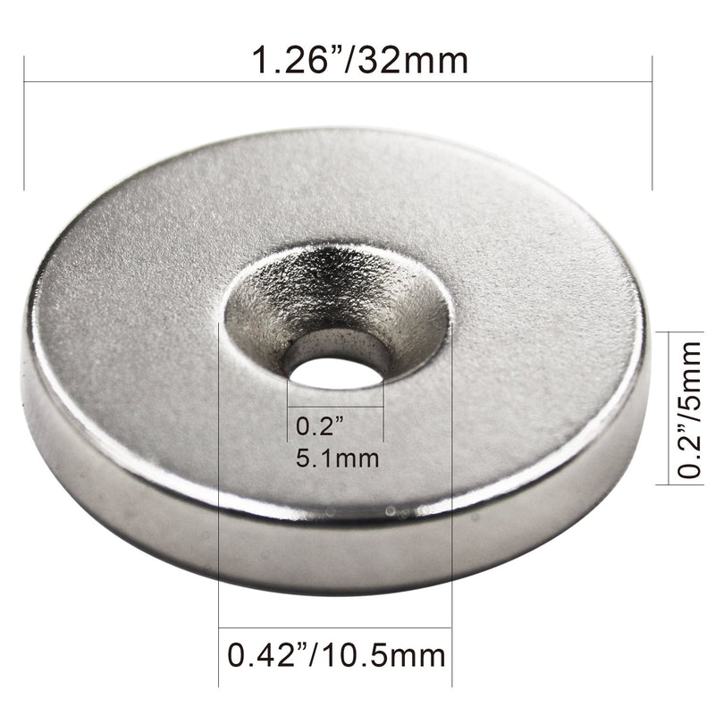 1.26 inch x 0.2 inch Neodymium Disc Countersunk Hole Magnets. Strong Permanent Rare Earth Magnets with Screws - Pack of 8 - LeoForward Australia