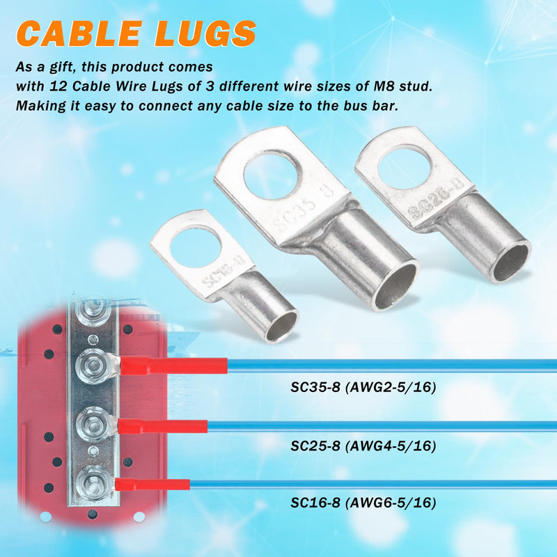  [AUSTRALIA] - 300A Heavy Duty Module Bus BAR, 12V 24V 48V DC Power Distribution Block with 4 x 5/16" (M8) Studs, Gift 12pcs Cable Lugs and 20pcs Heat Shrink Tubing - Marine Bus Bar (RED+) RED+