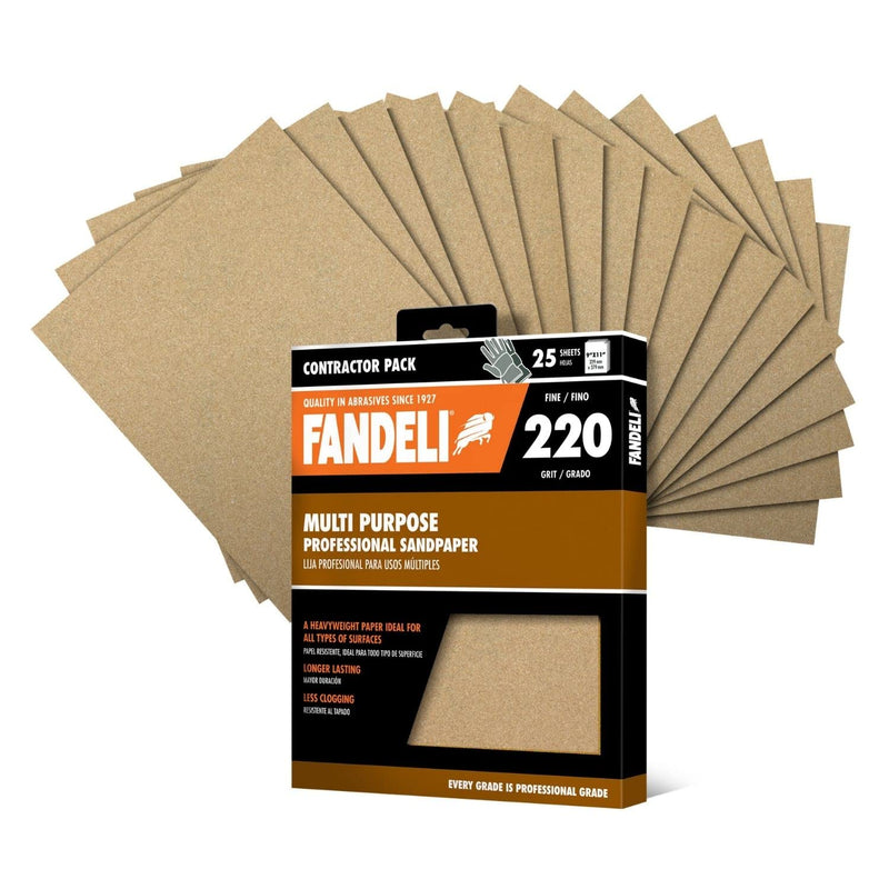  [AUSTRALIA] - Fandeli 36027 220 Grit Multipurpose Sandpaper Sheets, 9" x 11", 25-Sheet 9" by 11"