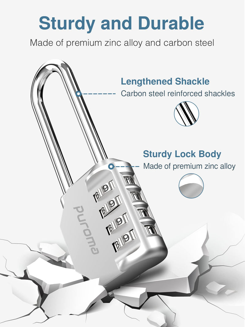  [AUSTRALIA] - Puroma 2 Pack 2.6 Inch Long Shackle Combination Lock 4 Digit Outdoor Waterproof Padlock for School Gym Locker, Sports Locker, Fence, Gate, Toolbox, Case, Hasp Storage (Silver) Silver