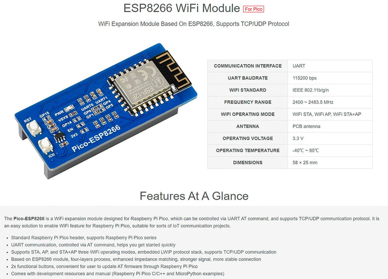  [AUSTRALIA] - waveshare ESP8266 WiFi Module for Raspberry Pi Pico, WiFi Expansion Module Controlled via UART at Command, Support TCP/UDP Protocol,STA, AP, and STA+AP Three WiFi Operating Modes