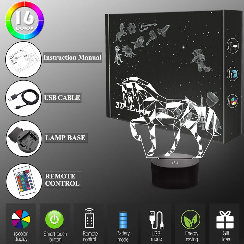  [AUSTRALIA] - Night Lights for Kids Horse Illusion 3D Night Light Bedside Lamp 16 Colors Changing with Remote Control Best Birthday Gifts for Child Baby Boy and Girl