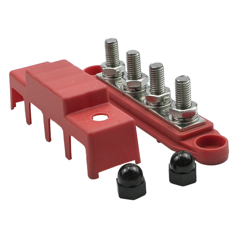  [AUSTRALIA] - 4-Column Distribution Block Busbar 4×3/8 (M10) Screw Terminals with lid 250 AMP Rating for Automotive, Marine and Solar Cabling (Red) 3/8 Red