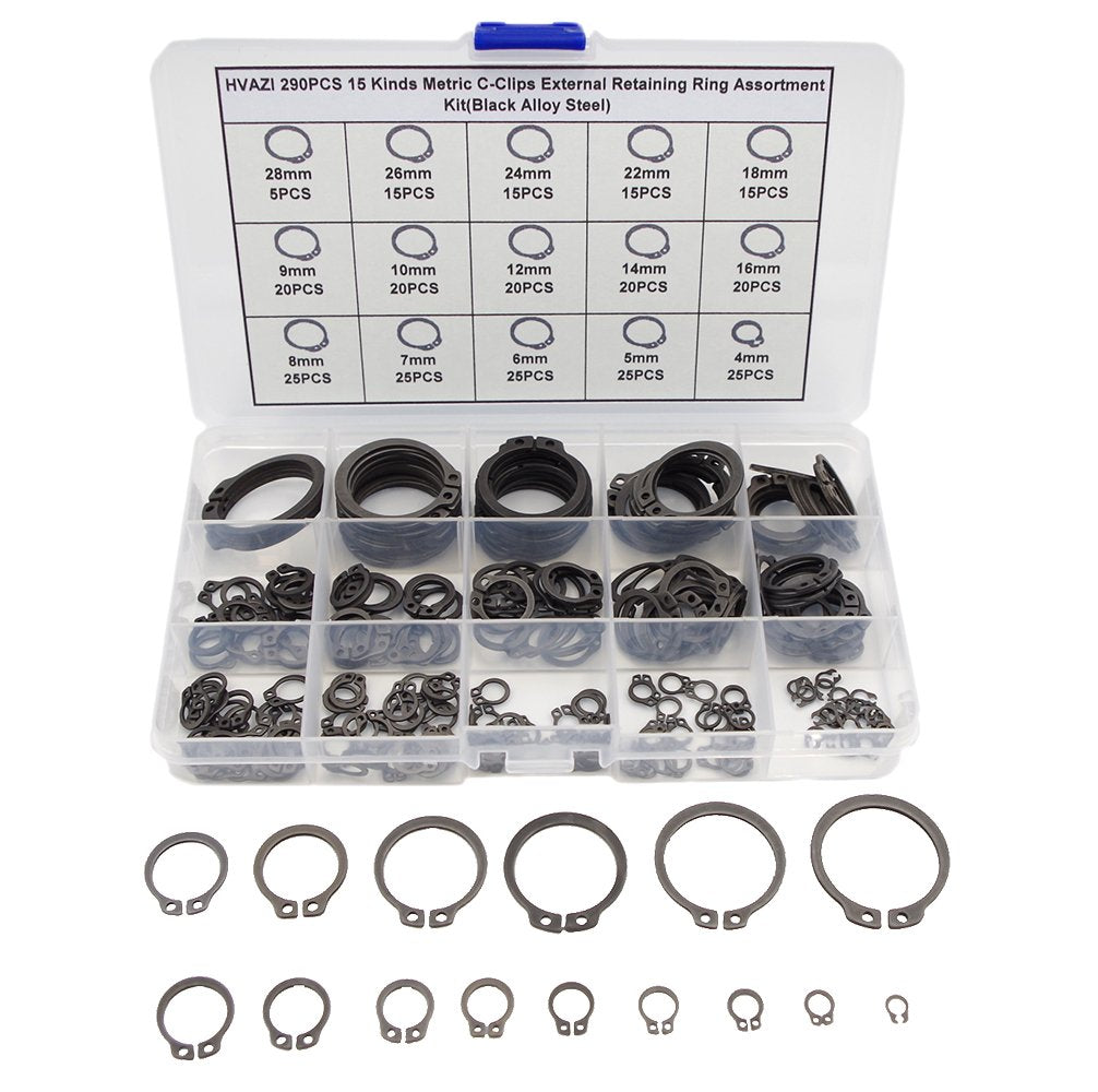  [AUSTRALIA] - HVAZI 290PCS C-Clips External Retaining Ring Assortment Kit(Black Alloy Steel)