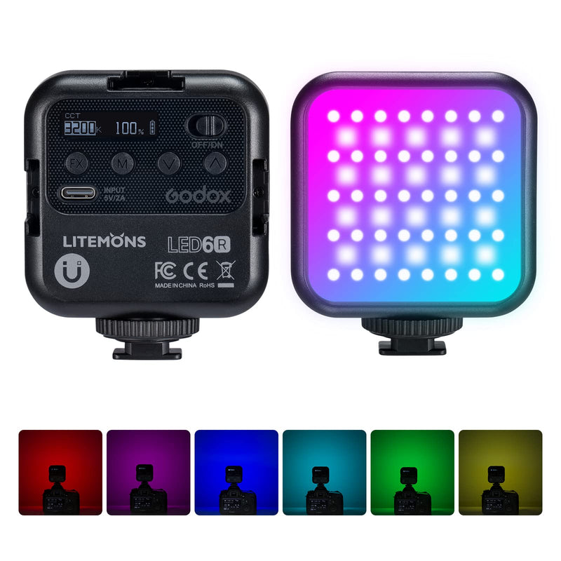  [AUSTRALIA] - GODOX LITEMONS LED6R RGB Video Light,Rechargeable LED Camera Light HSI Adjustable 36000 Colors,CCT Bicolor 3200K～6500K,CRI 95,13 FX Light Effects,Dimmable Panel Lamp Support Magnetic Attraction